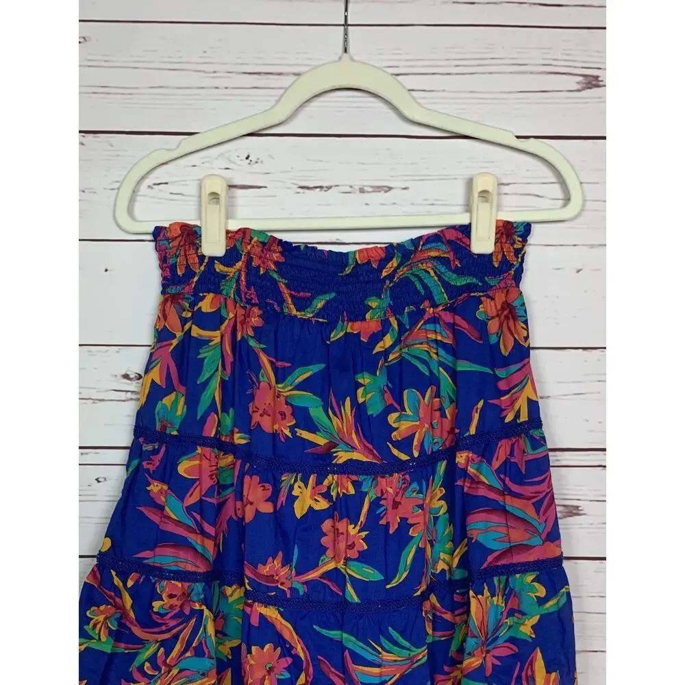 J.Crew Women's S Small Blue Floral Tropical Hawaiin Stretchy Waist Elastic Skirt